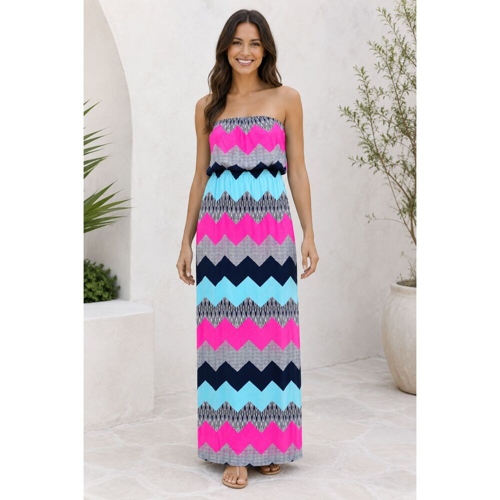 Y2K Trixxi Women’s L Strapless Chevron Maxi Dress Pink Aqua Stretch vtg